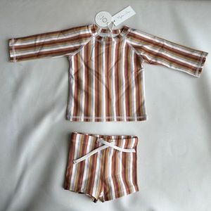 Rylee + Cru Brown and White Striped Kids Swim Rashguard